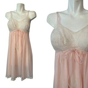 Vtg 50s Leonora Pastel Pink Slip Nightgown Lingerie Womens Nylon Size P XS